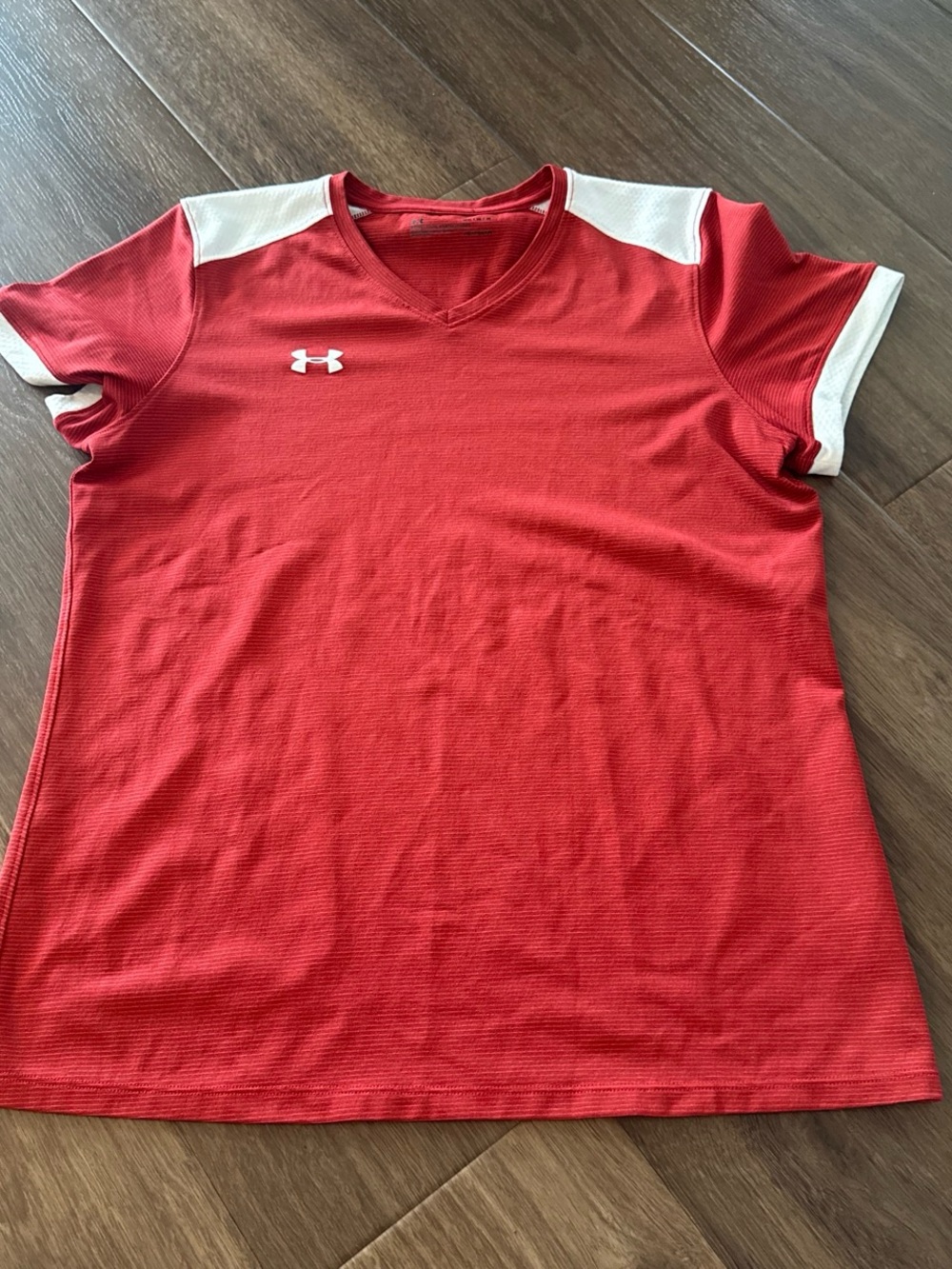 Under Armour Coral-Red Performance V-Neck Tee with White Logo